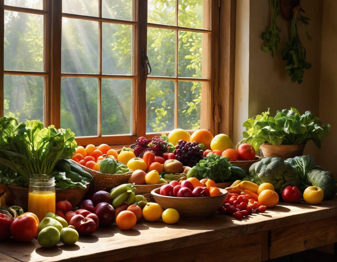 A serene scene of a sunlit kitchen filled with fresh, vibrant fruits and vegetables, a person practicing mindfulness while enjoying a healthy meal, rays of sunlight streaming in through a window, soft colors to evoke peace and nourishment. super-realistic. vibrant colors. warm light.