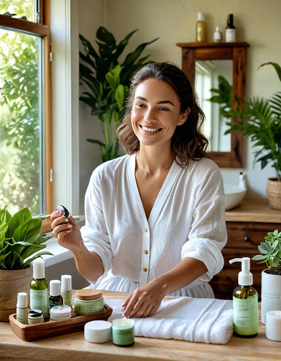 A serene woman smiling gently while applying natural skincare products in a sunlit bathroom filled with lush plants. The scene reflects a soothing atmosphere of self-care, featuring pastel colors and warm lighting that evokes joyfulness and self-acceptance. Include beauty tools like a jade roller and essential oils on a wooden counter, emphasizing a peaceful morning routine. super-realistic. soft pastels. bright natural light.